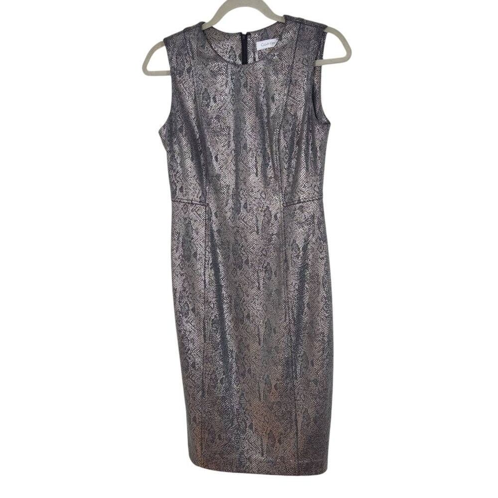 Calvin Klein Silver Snakeskin Sleeveless Sheath Dress Size 2 Wedding Guest Dress
